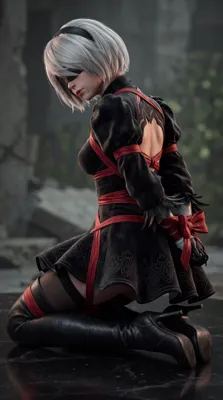 Fan art of 2B (YoRHa No.2 Type B) from NieR: Automata, depicted kneeling in a gothic-lolita outfit with a blindfold and red straps.