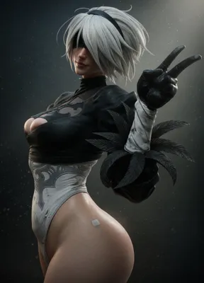 Digital illustration of 2B (YoRHa No.2 Type B) from NieR: Automata, featuring white hair, a black blindfold, and a gothic-lolita outfit.