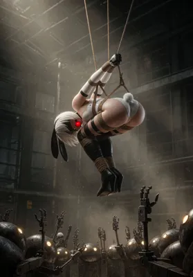 Fan art of 2B (YoRHa No.2 Type B) from NieR: Automata, depicted hanging by ropes in a gothic-lolita outfit within an industrial post-apocalyptic setting.