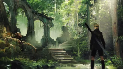 2B (YoRHa No.2 Type B) from NieR: Automata stands in a lush, overgrown post-apocalyptic ruin with stone arches and stairs.