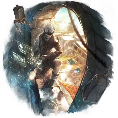 Digital illustration of 2B (YoRHa No.2 Type B) from NieR: Automata sitting in a post-apocalyptic setting with a small robot companion.