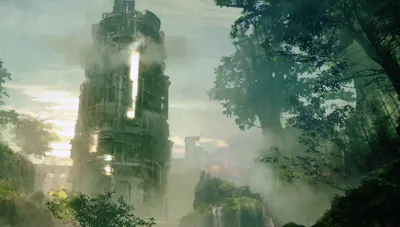 Digital illustration of a towering, overgrown mechanical structure in a misty, post-apocalyptic landscape from NieR: Automata.