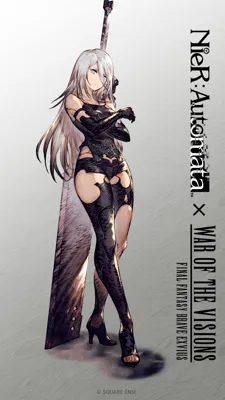 Digital illustration of 2B (YoRHa No.2 Type B) from NieR: Automata standing with a sword, wearing a black gothic-lolita outfit.